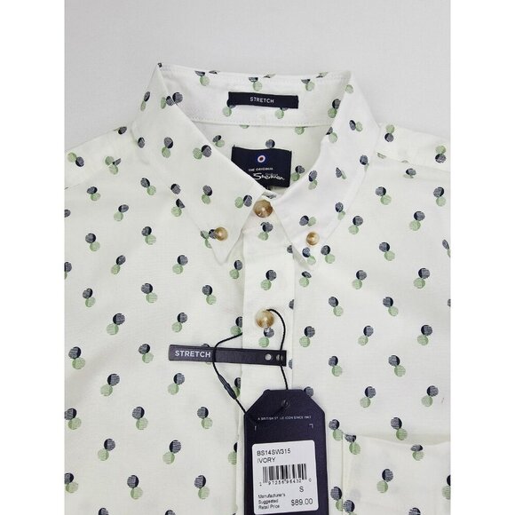 Ben Sherman Stretch Size Small Men White Green Blue Dot Pattern Short Sleeve NWT - Picture 1 of 12